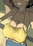  1boy 1girl bare_arms bare_shoulders blue_shorts breasts camisole closed_mouth collarbone denim denim_shorts grin head_out_of_frame highres large_breasts oppai_loli original sagging_breasts shikisokuzeku76 short_shorts shorts smile sweat yellow_camisole 