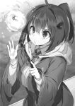  1girl ahoge breasts bursting_breasts buta_koushaku closed_mouth cowboy_shot greyscale hair_between_eyes hair_ornament hairpin holding holding_wand hood hood_down hooded_robe huge_breasts long_sleeves looking_up magic magic_circle medium_hair monochrome nauribon o3o open_hand polka_dot ponytail robe school_uniform short_ponytail solo spread_fingers standing sweat sweatdrop tented_shirt tina_(buta_koushaku) wand water 