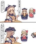  2girls black_hat blonde_hair chair constellation_print fang flandre_scarlet fumo_(doll) hansode32 hat hat_ribbon highres long_hair long_sleeves looking_at_viewer matara_okina multiple_girls on_chair orange_vest red_vest ribbon simple_background smug speech_bubble touhou vest 
