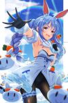  1girl animal_ear_fluff animal_ears armpits black_gloves black_pantyhose blue_eyes blue_sky blush braid breasts carrot cleavage cloud dress frilled_thigh_strap gloves hair_between_eyes highres hololive long_hair medium_breasts open_mouth orange_eyes pantyhose pekomon_(usada_pekora) rabbit_ears rabbit_girl rainbow sky smile strapless strapless_dress sunlight thigh_strap twin_braids usada_pekora virtual_youtuber white_dress yanu 