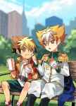  2boys age_difference amanogawa_ginga amanogawa_ryuusei belt belt_buckle bench black_boots black_hair blonde_hair blue_cape blue_sky blurry blurry_background boots brothers brown_belt brown_eyes buckle building cape child city cloud collared_jacket commentary_request cup dated disposable_cup drinking_straw epaulettes food food_on_face food_wrapper green_shorts green_trim hair_between_eyes hand_on_another&#039;s_cheek hand_on_another&#039;s_face high_collar highres holding holding_cup holding_food jacket jinzou_konchuu_kabutoborg_vxv kuroda_(kuro_yyy) looking_at_another male_focus multiple_boys on_bench open_clothes open_jacket outdoors pants park park_bench red_jacket red_shoes shirt shoes short_hair shorts siblings sitting sky skyscraper sneakers translated tree white_hair white_jacket white_pants white_shirt wiping_face wooden_bench wristband 
