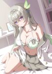  1girl absurdres bare_legs bed bed_sheet book bra breasts cleavage closed_mouth firefly_(honkai:_star_rail) firefly_(spring_missive)_(honkai:_star_rail) frilled_bra frills fuyunash1 grey_hair grey_sailor_collar grey_skirt hairband highres honkai:_star_rail honkai_(series) indoors large_breasts legs long_hair looking_at_viewer multicolored_eyes navel no_socks on_bed panties panty_pull plaid_clothes pleated_skirt sailor_collar skirt smile solo two-tone_eyes underwear undressing very_long_hair white_bra white_panties white_skirt white_sleeves 