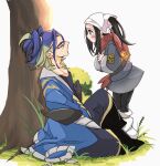  1boy 1girl adaman_(pokemon) against_tree akari_(pokemon) black_hair black_sash blonde_hair blue_coat blue_hair blush closed_eyes closed_mouth coat cocoa_s3 collarbone diamond_clan_outfit eyebrow_cut eyelashes galaxy_expedition_team_survey_corps_uniform green_hair grey_eyes grey_jacket hat headscarf highres jacket jewelry long_hair multicolored_hair outdoors pantyhose pokemon pokemon_legends:_arceus ponytail red_scarf sash scarf shirt sidelocks sitting tree white_headscarf 
