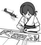  1girl a5m aircraft airplane assembling commentary_request dougi folded_ponytail greyscale japanese_clothes kantai_collection kasuga_maru_(kancolle) model_airplane model_kit monochrome porusasu solo upper_body 