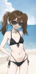  1girl ass_visible_through_thighs bare_arms bare_shoulders beach bikini black_bikini blue_sky blurry blurry_background brown_eyes brown_hair cloud collarbone commentary_request cowboy_shot day flat_chest front-tie_bikini_top front-tie_top grin hands_on_own_hips highres kantai_collection long_hair looking_at_viewer multi-strapped_bikini_bottom navel nito_(nshtntr) outdoors petite ryuujou_(kancolle) side-tie_bikini_bottom sky smile solo stomach sunglasses swimsuit twintails 