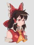  1girl alicealacroix ascot bare_shoulders bow brown_hair commentary detached_sleeves english_commentary frilled_bow frilled_hair_tubes frills hair_bow hair_tubes hakurei_reimu highres looking_at_viewer nontraditional_miko portrait red_bow red_eyes red_shirt shirt simple_background sleeveless sleeveless_shirt solo touhou white_background yellow_ascot 