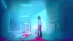  1boy axe blood blood_on_ground blood_on_hands blood_on_weapon ceiling_light door forced_perspective full_body holding holding_axe hospital implied_murder indoors konicomchiee original pool_of_blood shirt sign solo weapon white_shirt 