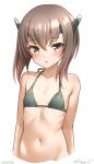  1girl bikini brown_eyes brown_hair flat_chest grey_bikini headgear kantai_collection looking_at_viewer navel one-hour_drawing_challenge ray.s short_hair short_hair_with_long_locks simple_background solo swimsuit taihou_(kancolle) upper_body white_background 
