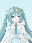  1girl ahoge aqua_background aqua_eyes aqua_hair aqua_nails aqua_necktie blush bow commentary dress edxx7875 hair_bow hair_ornament hatsune_miku hello_sekai_(vocaloid) hiramado_miku long_hair long_sleeves necktie official_alternate_costume official_alternate_hairstyle open_mouth pleated_skirt project_sekai simple_background skirt sleeveless sleeveless_dress sleeves_past_wrists smile solo spoilers twintails variant_set very_long_hair vocaloid white_bow x_hair_ornament 