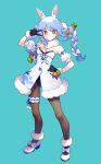  1girl absurdres animal_ears black_gloves blue_hair braid carrot carrot_hair_ornament carrot_in_pocket chiyomaru_(yumichiyo0606) don-chan_(usada_pekora) food-themed_hair_ornament fur_scarf gloves hair_ornament highres hololive leotard leotard_under_clothes long_hair multicolored_hair orange_eyes pantyhose rabbit-shaped_pupils rabbit_ears rabbit_girl short_eyebrows simple_background solo symbol-shaped_pupils thick_eyebrows twin_braids twintails two-tone_hair usada_pekora usada_pekora_(1st_costume) v virtual_youtuber white_hair 