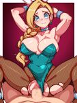  1boy 1girl alternate_costume animal_ears anklet aqua_leotard arms_behind_head bianca_(dq5) black_pantyhose blonde_hair blue_eyes border bracelet braid breasts censored choker clothing_aside commentary_request covered_navel cowgirl_position dragon_quest dragon_quest_v earrings fake_animal_ears fishnet_pantyhose fishnets gradient_background groin_tendon hetero highres jewelry large_breasts leotard leotard_aside looking_at_viewer mimizunooka mosaic_censoring paid_reward_available pantyhose partial_commentary playboy_bunny pov rabbit_ears red_background sex single_braid smile solo_focus sphere_earrings spread_legs straddling strapless strapless_leotard sweat tears torn_clothes torn_pantyhose vaginal variant_set white_border 