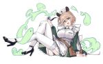  1girl absurdres animal_ears breasts brown_hair commission dress full_body garter_straps green_dress green_eyes hat high_heels highres indie_virtual_youtuber large_breasts nimi_nightmare nurse_cap one_side_up punpond simple_background sitting smoking_pipe tapir_ears thighhighs virtual_youtuber white_background white_thighhighs 