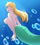  1girl absurdres air_bubble ass back bikini blonde_hair breasts bubble commentary_request commission earrings from_behind green_eyes green_tail highres jewelry kiria021 large_breasts long_hair looking_at_viewer looking_back mermaid monster_girl original pixiv_commission scales shell shell_bikini solo swimming swimsuit underwater 