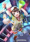  1girl :d arms_up asymmetrical_legwear backwards_hat baseball_cap blue_eyes brown_hair commentary_request copyright_notice fujisawa_one hat holding holding_megaphone hololive indoors legs_apart looking_at_viewer loose_clothes loose_shirt megaphone mismatched_legwear official_art oozora_subaru oozora_subaru_(1st_costume) open_mouth outstretched_arm oversized_clothes oversized_shirt red_hat red_thighhighs shirt shoes short_hair short_sleeves shorts smile sneakers solo standing stopwatch striped_clothes striped_shirt subaru_duck sweatband swept_bangs t-shirt teeth thighhighs tied_shirt two-tone_headwear two-tone_shirt upper_teeth_only vertical-striped_clothes vertical-striped_shirt virtual_youtuber whistle white_hat white_shirt white_shoes white_shorts white_thighhighs 