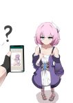  1boy 1girl ? absurdres black_gloves blue_eyes blush caelus_(honkai:_star_rail) coat color_connection company_connection cyrene_(honkai:_star_rail) dress elysia_(herrscher_of_human:_ego)_(honkai_impact) elysia_(honkai_impact) elysia_(summer_2024)_(honkai_impact) fingerless_gloves gloves hair_color_connection hair_ornament highres holding holding_phone honkai:_star_rail honkai_(series) honkai_impact_3rd indonesian_text inoue_marina marin_liekuriva medium_hair multicolored_hair official_alternate_costume phone pink_hair pink_pupils pointy_ears pov pov_hands purple_coat sandals simple_background smile sweatdrop text_messaging toes trailblazer_(honkai:_star_rail) two-tone_hair voice_actor_connection white_background white_dress white_hair yanning 
