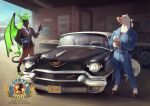  absurd_res anthro black_body black_fur blue_eyes bottle car clothed clothing container deer dragon duo equid equine front_view fur garage green_eyes green_hair hair hi_res holding_bottle holding_container holding_object horse hybrid inside male male_anthro mammal membrane_(anatomy) membranous_wings mythological_creature mythological_scalie mythology open_mouth satanic_monkey scalie standing vehicle white_body white_fur white_hair wings 