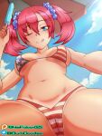 1girl american_flag american_flag_print bikini blue_bikini blue_eyes blue_sky blush breasts cameltoe covered_nipples digimon digimon_story:_cyber_sleuth falcon_(burbdoodles) flag_print food fourth_of_july from_below highres holding holding_food holding_popsicle long_hair looking_at_viewer looking_down medium_breasts multicolored_bikini one_eye_closed popsicle print_bikini red_bikini red_hair shiramine_nokia sky solo star_(symbol) star_print striped_bikini striped_clothes sunlight swimsuit tongue tongue_out twintails white_bikini 