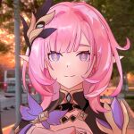  1girl blue_eyes breasts chinese_commentary commentary_request corset elf elysia_(honkai_impact) elysia_(miss_pink_elf)_(honkai_impact) hair_ornament highres honkai_(series) honkai_impact_3rd huan455210 long_hair outdoors photo_background pink_hair pink_pupils pointy_ears shrug_(clothing) smile solo upper_body white_corset 