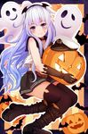  bat_wings belt black_gloves black_legwear blue_eyes blush boots collar commentary_request crop_top facial_mark flat_cap ghost gloves hairband halloween hat head_wings hibiki_(kantai_collection) highres jack-o'-lantern kantai_collection long_hair pumpkin qunqing silver_hair skirt smile solo star thighhighs wings 