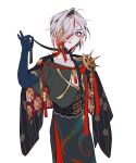  1boy beershfghk blue_eyes cape chest_jewel corset cowboy_shot eyeshadow eyeshadow_under_eye fate/grand_order fate_(series) gradient_hair hair_ornament hair_over_one_eye jewelry karna_(fgo_fes._2025)_(fate) makeup male_focus medium_hair multicolored_hair open_mouth pale_skin red_eyeshadow red_hair simple_background solo white_background white_hair 