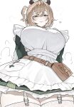  1girl absurdres animal_ears apron blush breasts brown_hair dress ewn green_dress green_eyes hair_between_eyes hat highres indie_virtual_youtuber large_breasts looking_at_viewer medium_hair nimi_nightmare nurse_cap one_side_up round_collar simple_background smile solo tapir_ears tapir_girl thighhighs virtual_youtuber white_apron white_background 