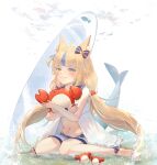  1girl absurdres ahoge animal_ears blonde_hair blue_eyes blue_hair blue_scrunchie cat_ears closed_mouth crab dress fins fish_girl fish_tail highres indie_virtual_youtuber kaniki_(sameko_saba) lifebuoy_hair_ornament long_hair looking_at_viewer low_twintails multicolored_hair one_side_up open_clothes open_dress qing_yoyo sameko_saba scrunchie short_shorts shorts smile solo surfboard tail twintails two-tone_hair very_long_hair virtual_youtuber white_dress white_shorts 