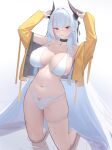  1girl absurdres admiral_zenker_(azur_lane) azur_lane bikini black_choker black_horns blush breasts choker ciexbiet hands_on_own_horns hands_up highres horns huge_breasts jacket kneeling long_hair looking_at_viewer multicolored_hair navel open_clothes open_jacket parted_lips red_eyes red_hair red_streaks simple_background skindentation solo stomach swimsuit thigh_strap very_long_hair white_background white_bikini white_hair yellow_jacket 
