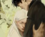  1boy 1girl black_coat black_hair closed_eyes coat hand_on_another&#039;s_arm highres hug implied_hetero leaning_on_person lee_seolhwa long_hair looking_at_another macaronijail omniscient_reader&#039;s_viewpoint popped_collar short_hair upper_body white_hair yoo_joonghyuk 