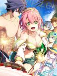  3boys 3girls altina_orion ash_carbide bikini bikini_skirt birthday_cake black_hair blue_eyes blue_hair blue_sky breasts cake cleavage cloud coconut_tree commission dated double-parted_bangs eiyuu_densetsu fireworks flower food green_eyes green_hair grin hair_between_eyes hair_bun hair_flower hair_ornament hairpin happy_birthday highres jewelry juna_crawford kurt_vander large_breasts long_hair multiple_boys multiple_girls musse_egret necklace open_mouth outdoors palm_tree purple_eyes rean_schwarzer sample_watermark sen_no_kiseki_(series) short_hair shorts signature skeb_commission sky smile sparkler swimsuit tinybiard tree twitter_username watermark yellow_eyes 