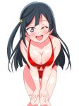  1girl absurdres bikini black_hair breasts cleavage feet_out_of_frame front-tie_bikini_top front-tie_top grey_eyes hands_on_own_thighs highres long_hair looking_at_viewer love_live! love_live!_nijigasaki_high_school_idol_club medium_breasts one_eye_closed one_side_up open_mouth red_bikini round_teeth shinonome_sakura simple_background smile solo swimsuit teeth upper_teeth_only white_background yuki_setsuna 