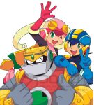  1girl 2boys armor black_leotard blonde_hair blue_bodysuit blue_helmet bodysuit closed_eyes egao_nina6 green_eyes group_picture gutsman.exe helmet highres irotoridori2024 leotard long_hair mega_man_(series) mega_man_battle_network_(series) megaman.exe multiple_boys netnavi one_eye_closed open_mouth pink_helmet pink_leotard red_armor roll.exe_(mega_man) short_hair simple_background teeth tongue upper_teeth_only v watermark white_background 