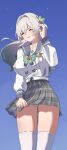  1girl absurdres blue_background bow bowtie breasts buttons cameltoe closed_eyes clothes_lift covered_nipples double-breasted firefly_(honkai:_star_rail) firefly_(spring_missive)_(honkai:_star_rail) green_bow green_bowtie grey_hairband grey_ribbon grey_sailor_collar grey_skirt grey_sleeve_cuffs hair_ornament hair_ribbon hairband hand_in_own_hair highres honkai:_star_rail honkai_(series) large_breasts long_sleeves panties plaid_bow plaid_bowtie plaid_clothes plaid_skirt pleated_skirt ribbon sailor_collar skirt skirt_lift solo thighhighs underwear white_panties white_sleeves white_thighhighs ynfkin 