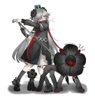  1girl bandaid bandaid_on_knee bandaid_on_leg black_flower black_shoes black_socks blush cat creature dated fingerless_gloves flower gloves gomidasu_(kamitsubaki_studio) grey_eyes grey_hair hair_flower hair_ornament hair_over_one_eye highres holding holding_leash isekaijoucho jacket kamitsubaki_studio kp3963 leash long_hair multicolored_hair open_mouth red_hair shoes simple_background single_glove socks standing sweatdrop two-tone_hair white_background 