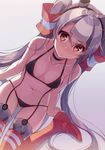  amatsukaze_(kantai_collection) ass_visible_through_thighs bikini black_bikini blush brown_eyes choker collarbone from_above gradient gradient_background hair_ornament hairband hat kantai_collection kureaki_(exit) long_hair mini_hat navel nose_blush red_legwear silver_hair simple_background sitting solo suspenders swimsuit thighhighs twintails very_long_hair wariza 