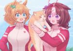  2girls :d animal blonde_hair blush breasts brown_hair cat commentary_request ear_ribbon floppy_ears hair_ornament high_ponytail holding holding_animal holding_cat horse_girl jacket jinno_shigure medium_breasts medium_hair meisho_doto_(umamusume) meto_(cat) multiple_girls open_mouth outdoors ponytail purple_eyes purple_ribbon red_jacket ribbon smile star_(symbol) star_hair_ornament taiki_shuttle_(umamusume) tracen_training_uniform track_jacket umamusume upper_body white_hair yellow_cat zipper 