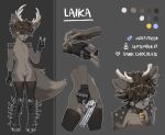 absurd_res anthro antlers bell bell_collar boots brown_body brown_fur canid canine canis clothing collar deer eye_patch eyewear femboy footwear fur gloves gun handgun handwear hi_res horn legwear male mammal model_sheet ranged_weapon revolver shoes thigh_highs weapon wolf yellow_eyes