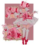  1girl absurdres bow choker dress flower footwear_bow from_behind gloves hair_bow highres kaname_madoka kaname_madoka_(magical_girl) mahou_shoujo_madoka_magica mahou_shoujo_madoka_magica_(anime) mayonnai3e multiple_hair_bows pink_dress pink_hair puffy_short_sleeves puffy_sleeves red_bow red_choker red_flower short_sleeves sketch solo white_background white_gloves zoom_layer 