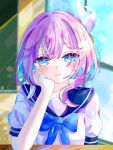  1girl alternate_costume blue_bow blue_bowtie blue_eyes blue_sailor_collar bow bowtie chalkboard classroom commentary_request cyrene_(honkai:_star_rail) hair_ornament hand_on_own_cheek hand_on_own_face highres honkai:_star_rail honkai_(series) indoors jitsugetsu_(bakavh0hok87401) looking_at_viewer medium_hair multicolored_hair pink_hair sailor_collar school_uniform serafuku solo two-tone_hair white_hair white_serafuku window 