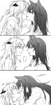 2girls anger_vein animal_ears arknights blood blood_from_mouth closed_eyes closed_mouth collared_shirt commentary greyscale kiss lappland_(arknights) long_hair monochrome multiple_girls notf_404 open_mouth shirt smile texas_(arknights) wolf_ears yuri 