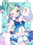  ;p arm_warmers blush choker confetti diamond_earrings earrings green_eyes green_hair hair_ornament highres jewelry lisia_(pokemon) looking_at_viewer midriff navel nemui_o23 one_eye_closed pokemon pokemon_oras short_shorts shorts tongue tongue_out w white_shorts 