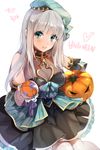  :d aqua_eyes bare_shoulders black_dress blush borrowed_character bow breasts cleavage dress gem gift grey_hair halloween hat hat_bow ice_(ice_aptx) jewelry large_breasts long_hair open_mouth original pumpkin simple_background smile solo white_background white_legwear 