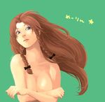  artist_name blue_eyes bow braid breasts brown_hair cleavage covering covering_breasts crossed_arms fingers green_background hair_bow hong_meiling lips long_hair looking_at_viewer medium_breasts nose nude sideways_glance simple_background solo star teko_(tawake) touhou twin_braids upper_body very_long_hair 