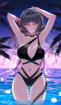  1girl absurdres alternate_costume animal_ear_piercing animal_ears arched_bangs armpits bikini black_bikini black_choker black_hair blunt_bangs blush breasts choker colored_inner_hair commentary_request cowboy_shot green_eyes grin hands_in_own_hair highres jane_doe_(zenless_zone_zero) large_breasts long_hair looking_at_viewer mouse_ears mouse_girl mouse_tail multi-strapped_bikini_bottom multi-strapped_bikini_top multicolored_hair navel night palm_leaf palm_tree pool red_hair ruaruayana smile solo standing star_(sky) swimsuit tail tail_around_own_leg tail_wrap tree two-tone_hair very_long_hair wading water water_drop wet zenless_zone_zero 