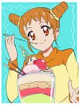  aikatsu! aikatsu!_(series) arisugawa_otome brown_eyes brown_hair eating food fruit highres ice_cream long_sleeves makacoon parfait smile solo strawberry 