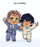  2boys :d artist_self-insert black_hair blue_suit brown_hair chibi chibi_only closed_eyes collared_shirt curly_hair derek_suarez dolpxler double-parted_bangs flower flower_pin full_body green_eyes hair_between_eyes hand_on_another&#039;s_arm highres looking_at_viewer main_character_(our_life) multiple_boys our_life our_life:_beginnings_and_always pointing poppy_(flower) shirt short_hair smile standing standing_on_one_leg suit v wedding white_shirt white_suit 