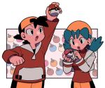  1boy 1girl :d arm_up backwards_hat black_eyes cropped_jacket ethan_(pokemon) fast_ball flipped_hair hands_up hat holding holding_poke_ball jacket kris_(pokemon) long_sleeves looking_down looking_up love_ball open_clothes open_jacket open_mouth poke_ball pokemon pokemon_gsc red_shirt shirt shorts smile twintails tyako_089 yellow_shorts 