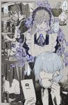  ... 2boys alternate_costume apron black_dress blue_eyes blue_hair book bookshelf brown_hair chibi collared_shirt colored_eyelashes crossdressing cup dress ear_piercing enmaided expressionless eye_print eye_symbol flower frilled_apron frills greyscale hair_over_one_eye han_sung_yu hidrogenxxxng holding holding_cup holding_paper holding_plate indoors jyu_viole_grace khun_aguero_agnis knife long_hair looking_at_another maid maid_apron maid_headdress male_focus male_maid monochrome multiple_boys necktie one_eye_covered original paper parted_lips partially_colored piercing planted plate ponytail purple_flower shirt short_hair shorts speech_bubble table tablecloth teacup tower_of_god twenty-fifth_bam white_apron white_shirt white_shorts 