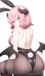  1girl animal_ear_hairband animal_ears ass back backless_leotard bare_shoulders bernina_(stella_sora) black_leotard black_wings breasts closed_mouth commentary crossed_bangs demon_girl demon_horns deyui double-parted_bangs fake_animal_ears fishnets hair_between_eyes hair_over_shoulder hairband highres horns large_breasts leotard long_hair looking_at_viewer looking_back low_wings median_furrow on_stool pink_eyes pink_hair playboy_bunny rabbit_ear_hairband rabbit_ears rabbit_tail shoulder_blades side-tie_leotard sidelocks simple_background sitting smile solo stella_sora strapless strapless_leotard tail thigh_strap white_background wings 