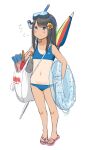  1girl :3 bag beach_umbrella bikini black_hair blue_bikini blue_eyes check_translation diving_mask diving_mask_on_head dot_nose flat_chest flower full_body goggles goggles_on_head hair_flower hair_ornament highres innertube long_hair navel original retsumaru sandals sidelocks simple_background smile snorkel solo standing sunflower sunflower_hair_ornament swim_ring swimsuit translation_request umbrella white_background 