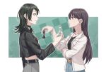  2girls bang_dream! bang_dream!_it&#039;s_mygo!!!!! belt black_belt black_hair black_jacket black_shirt blue_skirt brown_belt chess_piece closed_mouth commentary cowboy_shot crop_top earrings green_eyes grey_skirt highres jacket jewelry joker_(jjjokerrr233) long_hair medium_hair midriff mole mole_under_eye multiple_girls outline purple_eyes red_shirt shiina_taki shirt skirt white_jacket white_outline yahata_umiri 
